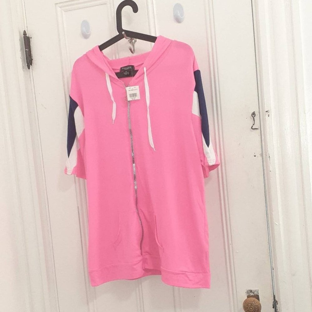 Bright Pink Striped Half Sleeve Zip up Top / Sweater